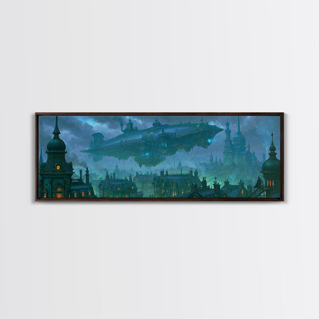 Airship Floating Above Victorian City Roofs Canvas Print, Steampunk Art, Whimsigoth Decor, Living Room Decor, Mechanic, STE-3x1-42