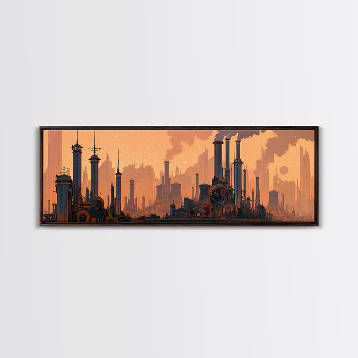 Steam Powered City Skyline Canvas Print, Steampunk Art, Dark Art, Living Room Decor, Abstract Art, Mechanic, Minimalist Decor, STE-3x1-61