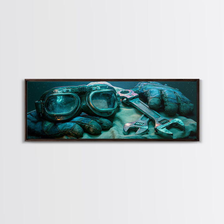 Goggles Gloves and Wrench Still Life Framed Canvas Print, Steampunk Art, Contemporary Art, Living Room Decor, Mechanic, STE-3x1-63