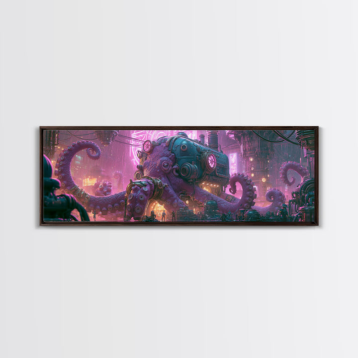 Steampunk Octopus with Brass Tentacles Framed Canvas Print, Steampunk Art, Gallery Decor, Living Room Decor, Fine Art, Mechanic, STE-3x1-69