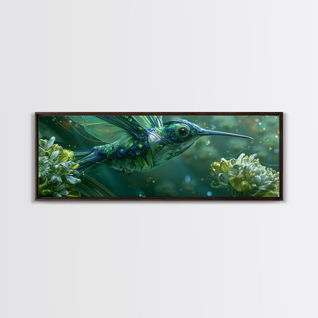 Mechanical Hummingbird Hovering Near Flower Framed Canvas Print, Steampunk Art, Neutral Decor, Living Room Decor, Oil Painting, STE-3x1-73