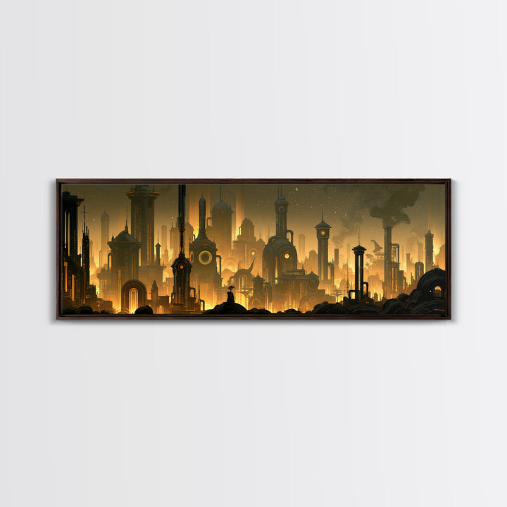 Steam Powered City Skyline Canvas Print, Steampunk Art, Dark Art, Living Room Decor, Abstract Art, Mechanic, Minimalist Decor, STE-3x1-85