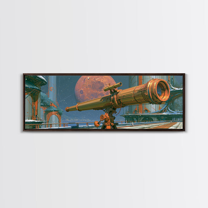 Brass Telescope Aimed at Copper Moon Canvas Print, Steampunk Art, Wall Art, Living Room Decor, Oil Painting, Mechanic, STE-3x1-88