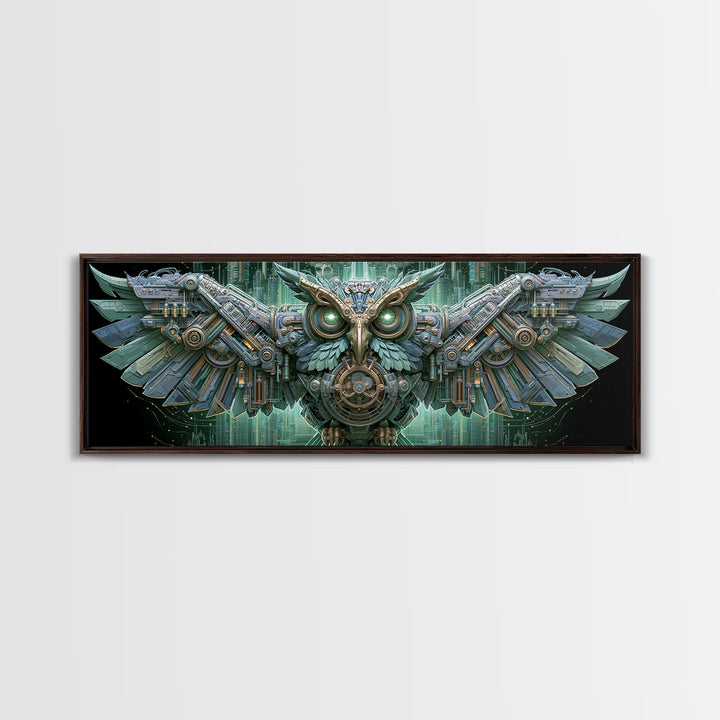 Brass Clockwork Owl Framed Canvas Print, Steampunk Art, Boho Decor, Living Room Decor, Oil Painting, Mechanic, Art Print, STE-3x1-89