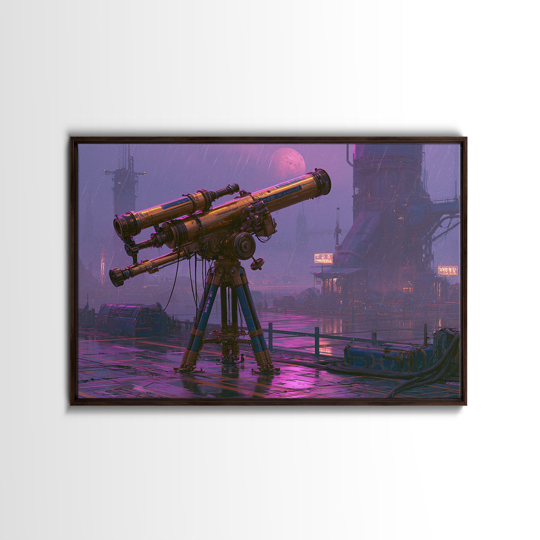 Brass Telescope Aimed at Copper Moon Framed Canvas Print, Steampunk Art, Wall Art, Living Room Decor, Oil Painting, Mechanic, STE-3x2-100