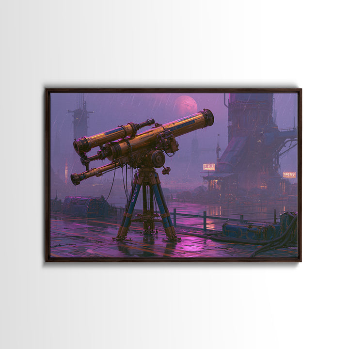 Brass Telescope Aimed at Copper Moon Framed Canvas Print, Steampunk Art, Wall Art, Living Room Decor, Oil Painting, Mechanic, STE-3x2-100