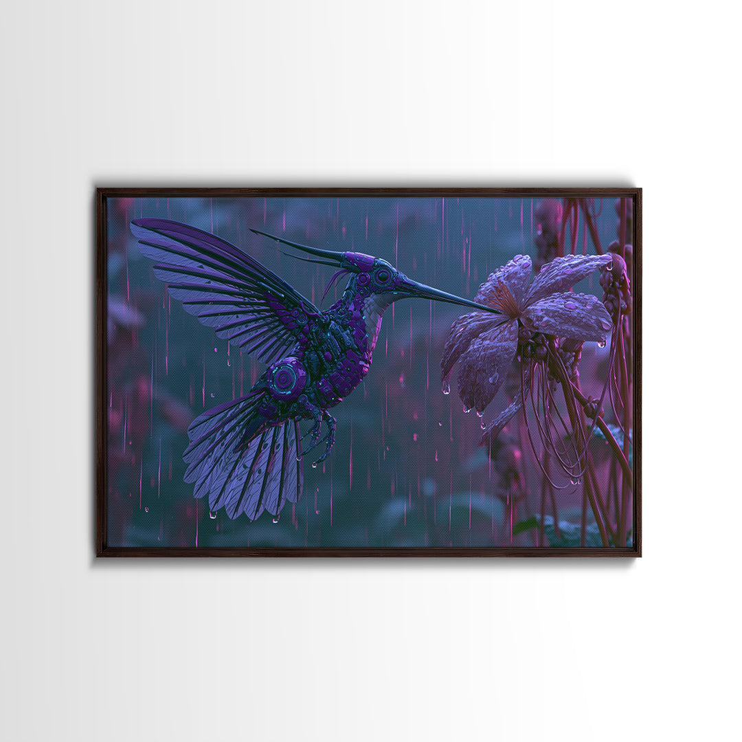 Mechanical Hummingbird Hovering Near Flower Canvas Print, Steampunk Art, Digital Download Art, Living Room Decor, Mechanic, STE-3x2-13