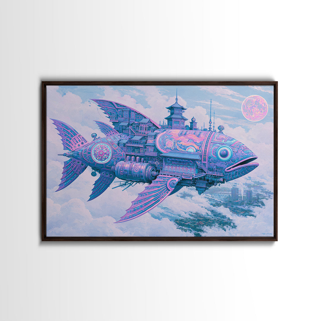 Mechanical Fish Swimming Through Clouds Framed Canvas Print, Steampunk Art, Art Nouveau, Living Room Decor, Fine Art, Mechanic, STE-3x2-2