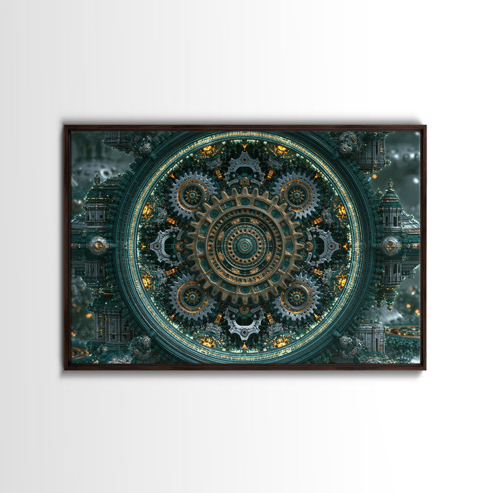 Cogwheel Mandala in Bronze and Teal Framed Canvas Print, Steampunk Art, Gothic Art, Living Room Decor, Fine Art, Mechanic, STE-3x2-20