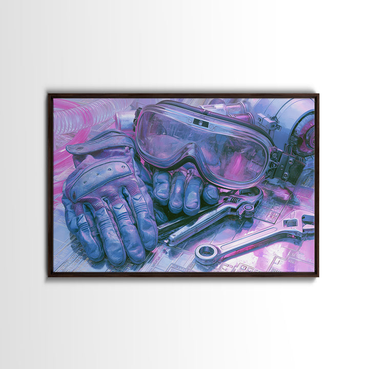 Goggles Gloves and Wrench Still Life Framed Canvas Print, Steampunk Art, Gallery Decor, Living Room Decor, Fine Art, Mechanic, STE-3x2-27