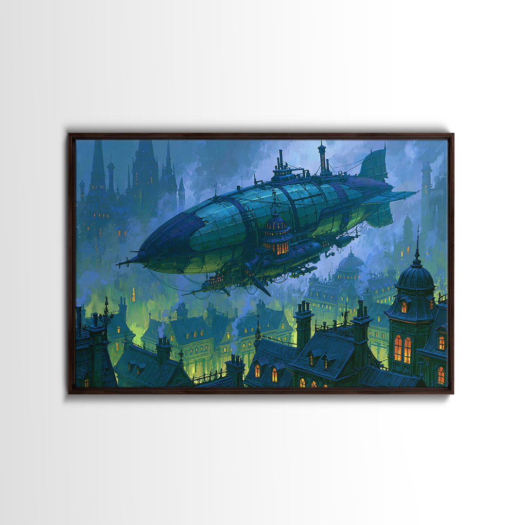Airship Floating Above Victorian City Roofs Canvas Print, Steampunk Art, Modern Art, Living Room Decor, Fine Art, Mechanic, STE-3x2-30