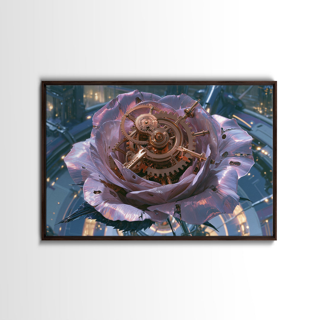 Mechanical Rose Made of Copper Gears Framed Canvas Print, Steampunk Art, Statement Artwork, Living Room Decor, Mechanic, STE-3x2-31