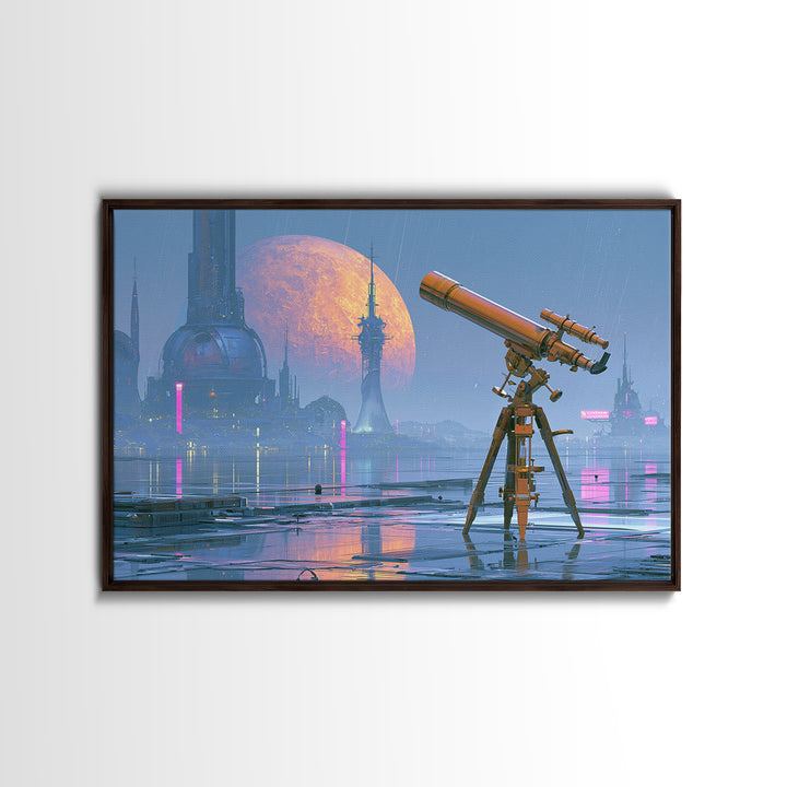Brass Telescope Aimed at Copper Moon Canvas Print, Steampunk Art, Steampunk Lamp, Living Room Decor, Abstract Art, Mechanic, STE-3x2-52