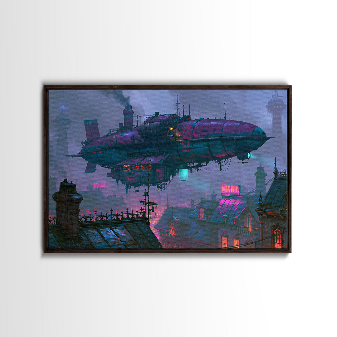Airship Floating Above Victorian City Roofs Canvas Print, Steampunk Art, Modern Art, Living Room Decor, Fine Art, Mechanic, STE-3x2-54