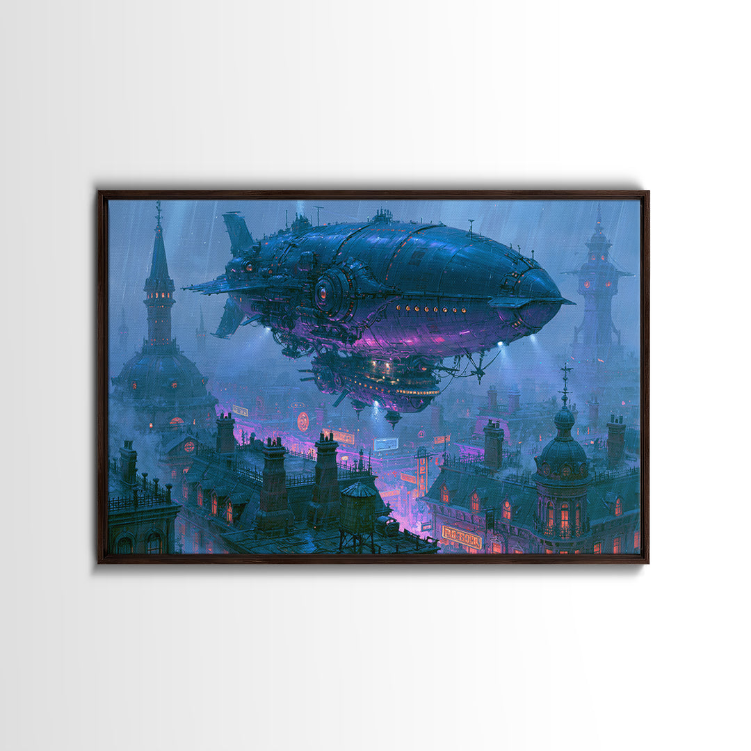 Airship Floating Above Victorian City Roofs Framed Canvas Print, Steampunk Art, Boho Wall Art, Living Room Decor, Mechanic, STE-3x2-6