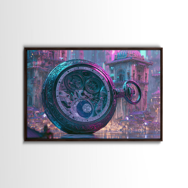 Gear Filled Pocket Watch Framed Canvas Print, Steampunk Art, Textured Painting, Living Room Decor, Fine Art, Mechanic, STE-3x2-60