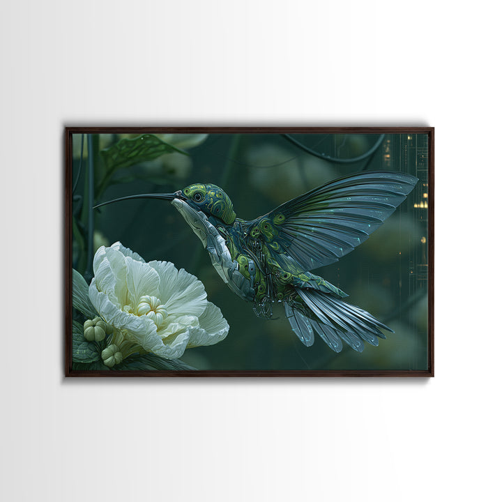 Mechanical Hummingbird Hovering Near Flower Canvas Print, Steampunk Art, Dark Art, Living Room Decor, Watercolor Art, Mechanic, STE-3x2-61
