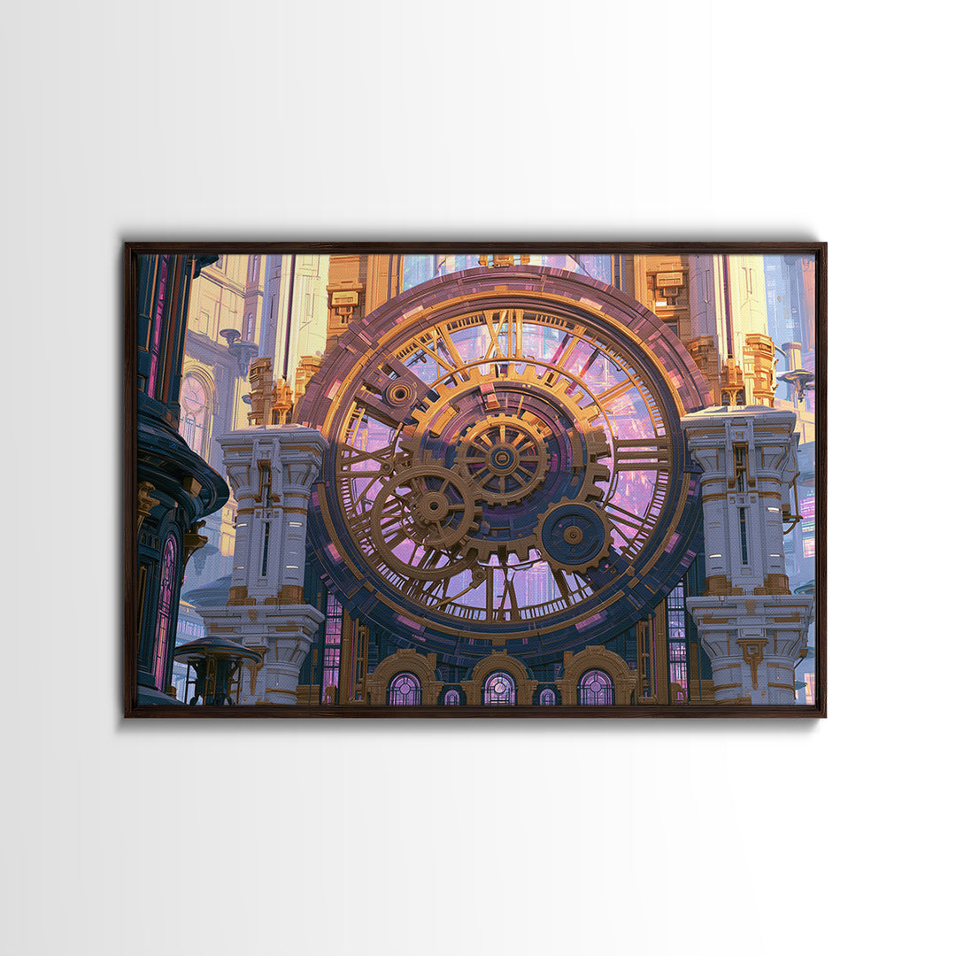 Clock Tower Gears Framed Canvas Print, Steampunk Art, Abstract Art Print, Living Room Decor, Watercolor Art, Mechanic, STE-3x2-65
