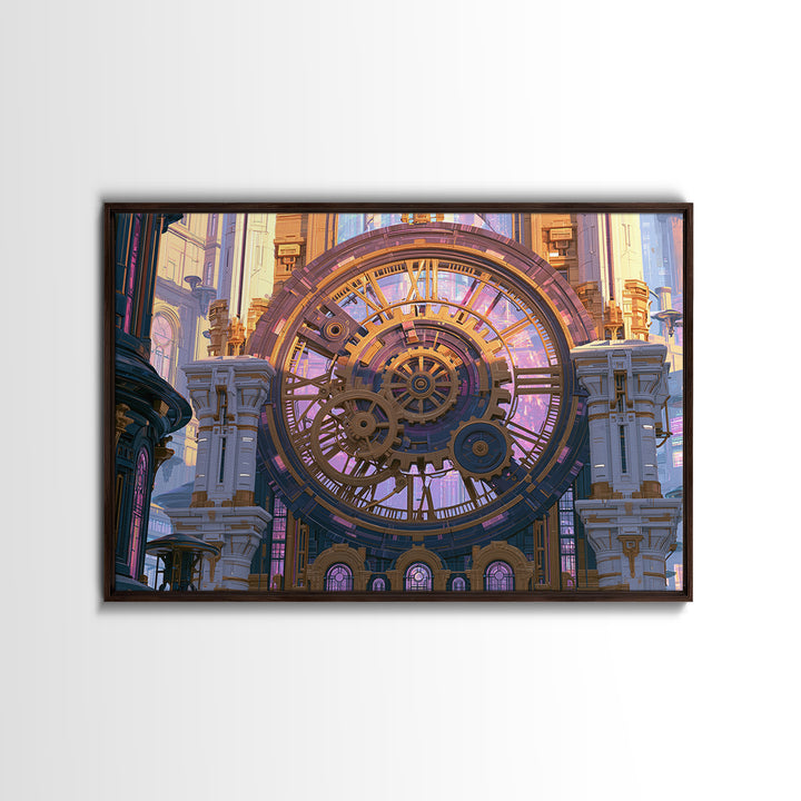 Clock Tower Gears Framed Canvas Print, Steampunk Art, Abstract Art Print, Living Room Decor, Watercolor Art, Mechanic, STE-3x2-65