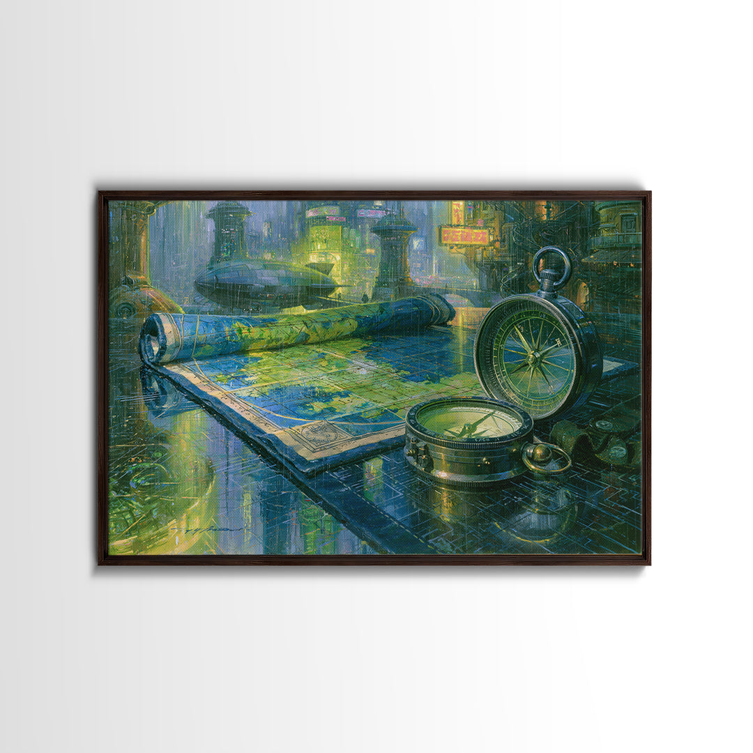 Airship Captain Map and Compass Still Life Canvas Print, Steampunk Art, Wall Art Living Room, Living Room Decor, Mechanic, STE-3x2-70
