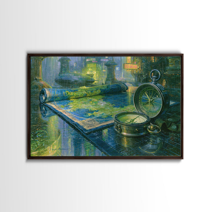 Airship Captain Map and Compass Still Life Canvas Print, Steampunk Art, Wall Art Living Room, Living Room Decor, Mechanic, STE-3x2-70