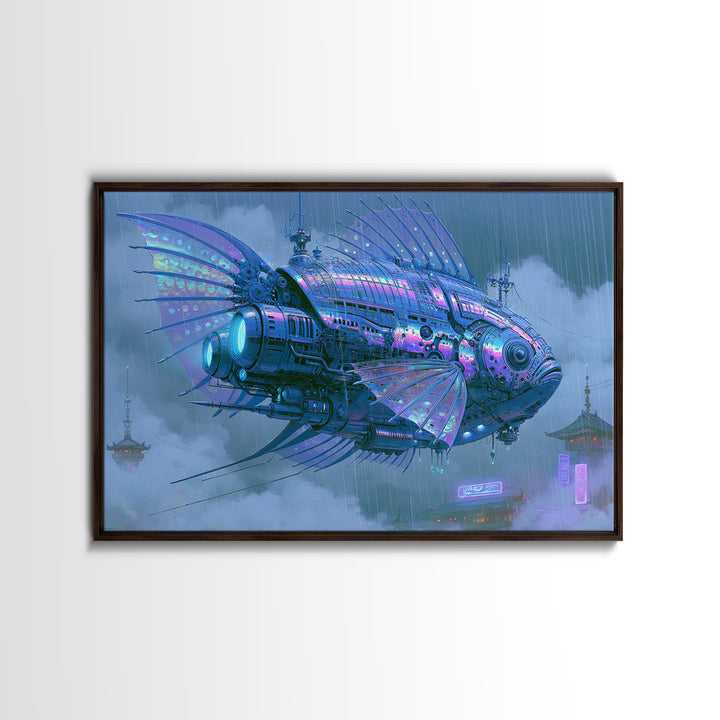Mechanical Fish Swimming Through Clouds Framed Canvas Print, Steampunk Art, Cat Art, Living Room Decor, Oil Painting, Mechanic, STE-3x2-74