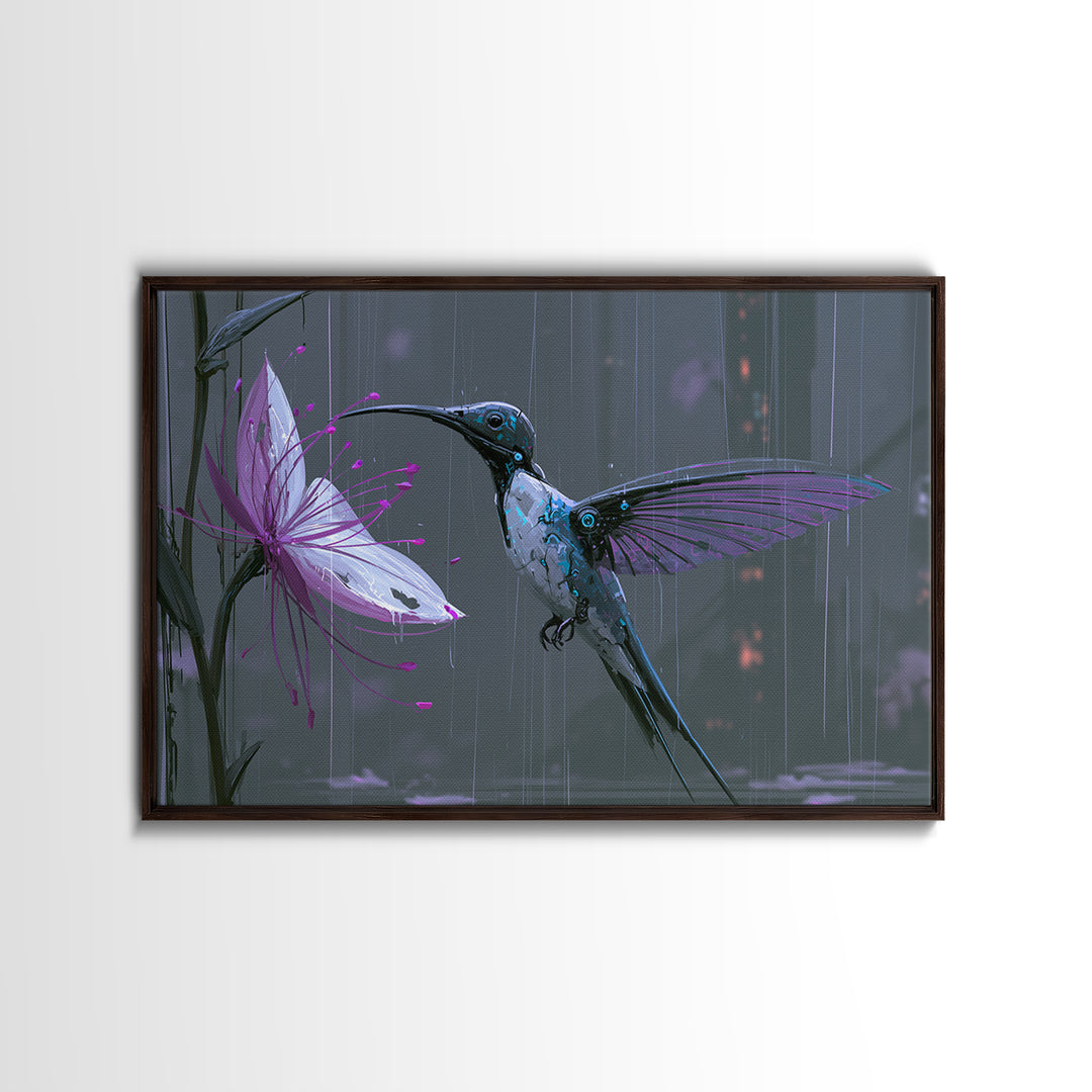 Mechanical Hummingbird Hovering Near Flower Framed Canvas Print, Steampunk Art, Statement Artwork, Living Room Decor, Mechanic, STE-3x2-85