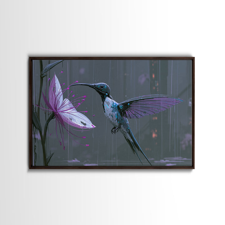 Mechanical Hummingbird Hovering Near Flower Framed Canvas Print, Steampunk Art, Statement Artwork, Living Room Decor, Mechanic, STE-3x2-85