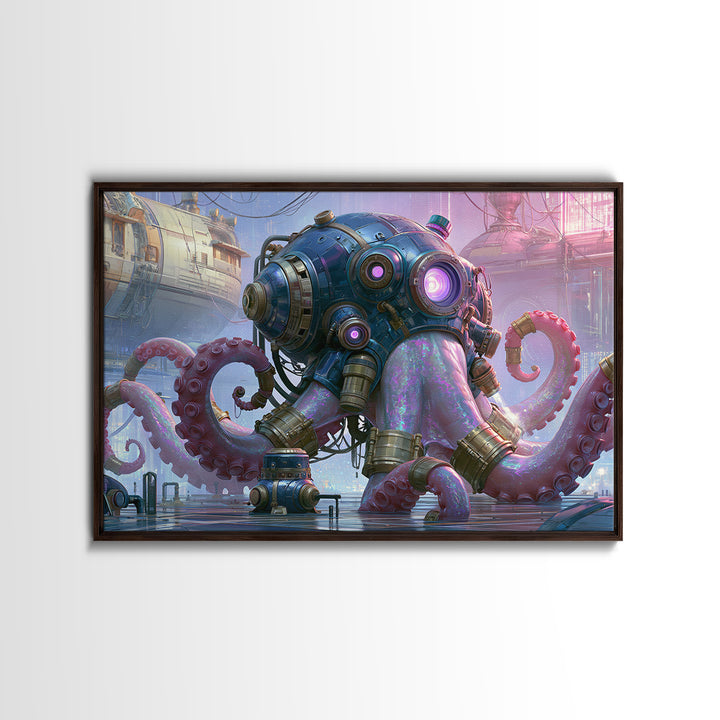 Steampunk Octopus with Brass Tentacles Framed Canvas Print, Steampunk Art, Modern Art, Living Room Decor, Fine Art, Mechanic, STE-3x2-9