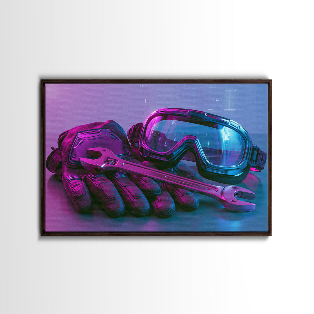 Goggles Gloves and Wrench Still Life Framed Canvas Print, Steampunk Art, Abstract Art, Living Room Decor, Fine Art, Mechanic, STE-3x2-99