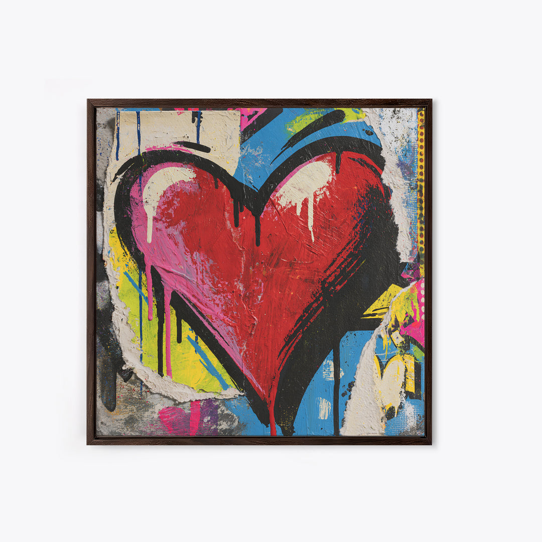 Neon Heart with Rough Drips Framed Canvas Print, Street Art, Abstract Art, Living Room Decor, Fine Art, Urban, Anime Art, STR-1x1-11