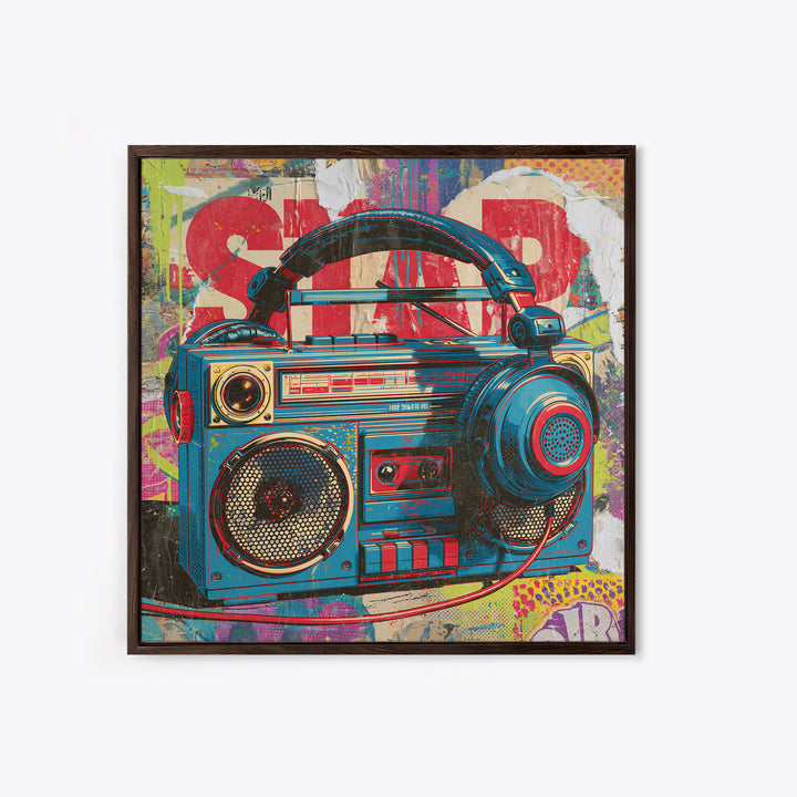 Boombox and Headphones Framed Canvas Print, Street Art, Textured Painting, Living Room Decor, Abstract Art, Urban, STR-1x1-33