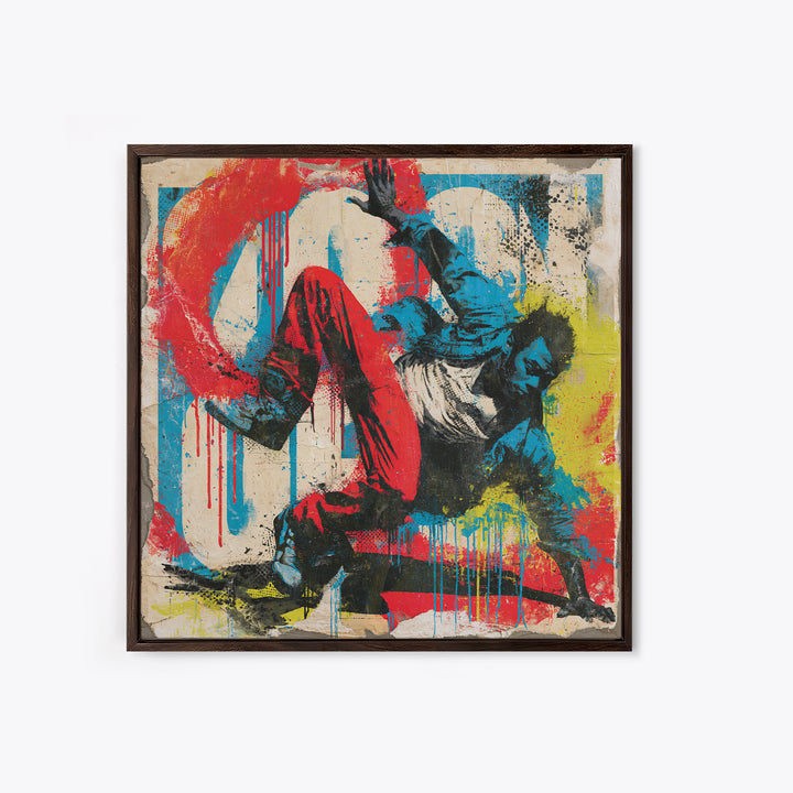 Breakdancer Frozen in Energetic Motion Framed Canvas Print, Street Art, Anime Art, Living Room Decor, Abstract Art, Urban, STR-1x1-42
