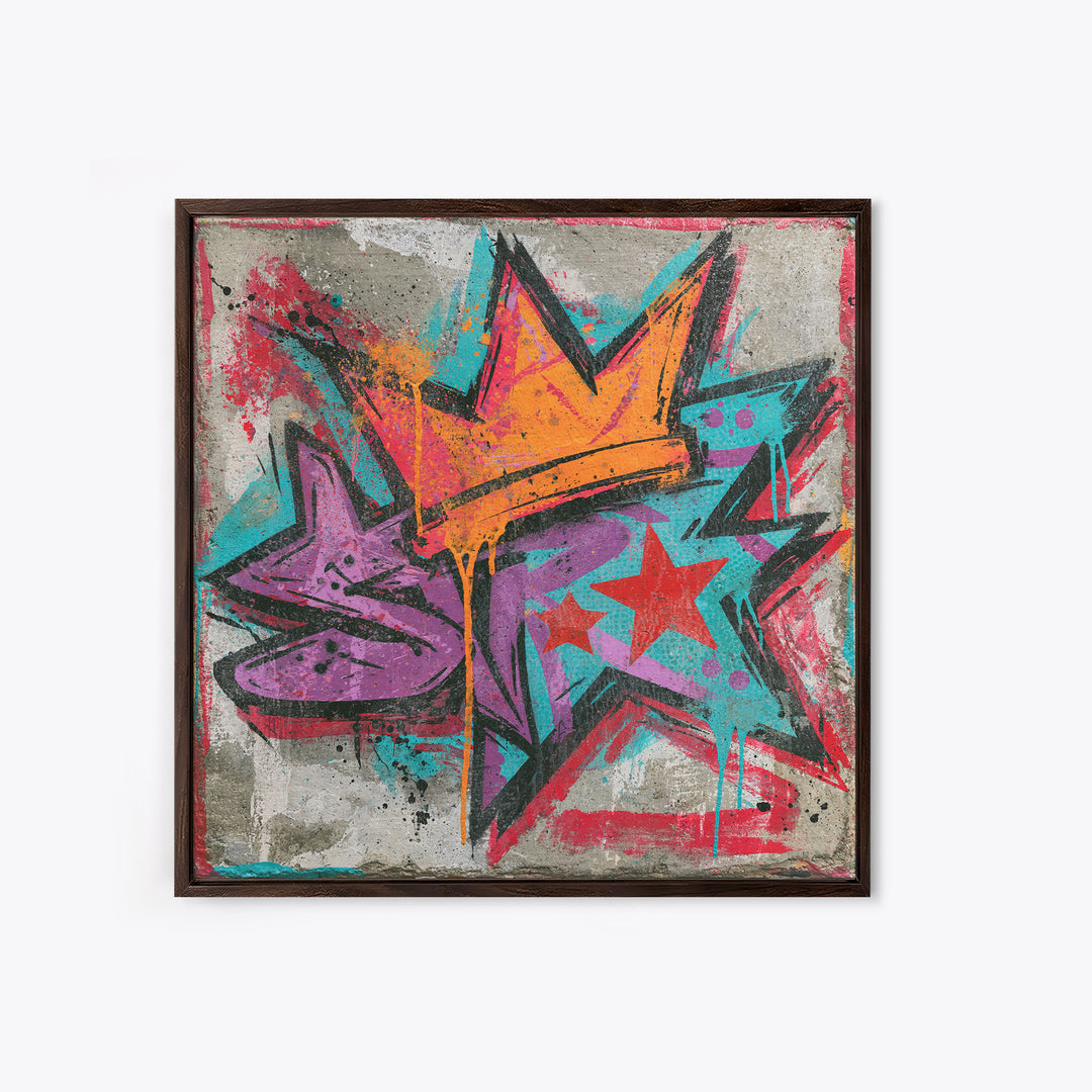Drippy Crown and Stars Composition Framed Canvas Print, Street Art, Artwork, Living Room Decor, Fine Art, Urban, Pop Art, STR-1x1-44