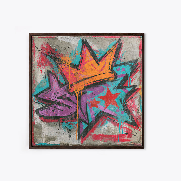 Drippy Crown and Stars Composition Framed Canvas Print, Street Art, Artwork, Living Room Decor, Fine Art, Urban, Pop Art, STR-1x1-44