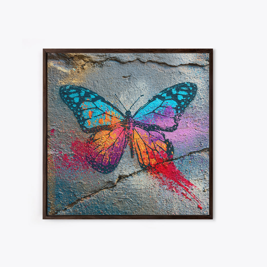 Spray Painted Butterfly on Cracked Concrete Framed Canvas Print, Street Art, Modern Wall Art, Living Room Decor, Urban, STR-1x1-47