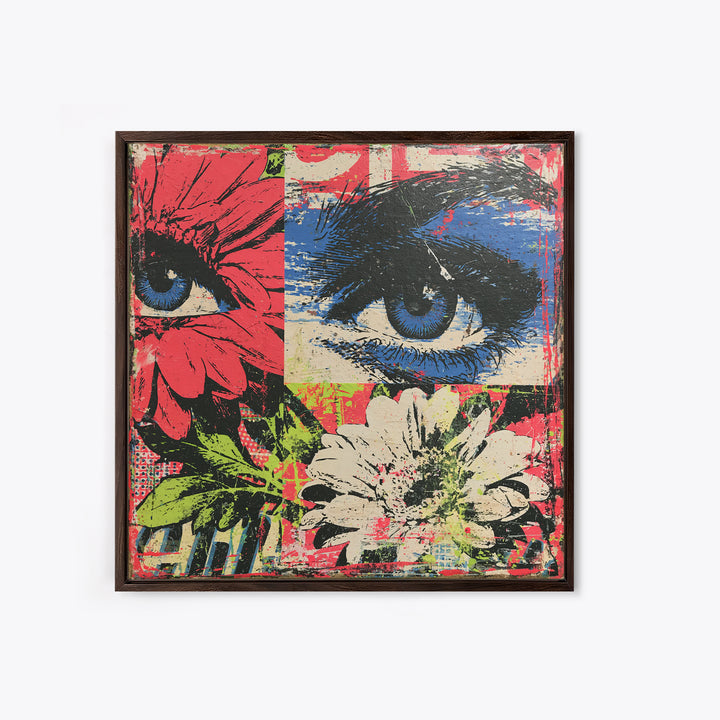 Paste Up Collage of Flowers and Eyes Framed Canvas Print, Street Art, Graffiti Art, Living Room Decor, Fine Art, Urban, STR-1x1-58