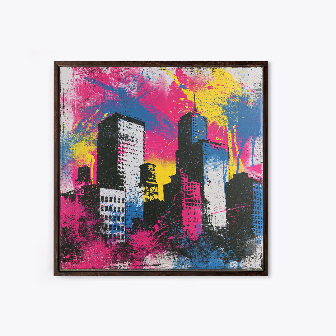 Urban Skyline Made from Stencil Layers Framed Canvas Print, Street Art, Gallery Decor, Living Room Decor, Fine Art, Urban, STR-1x1-62