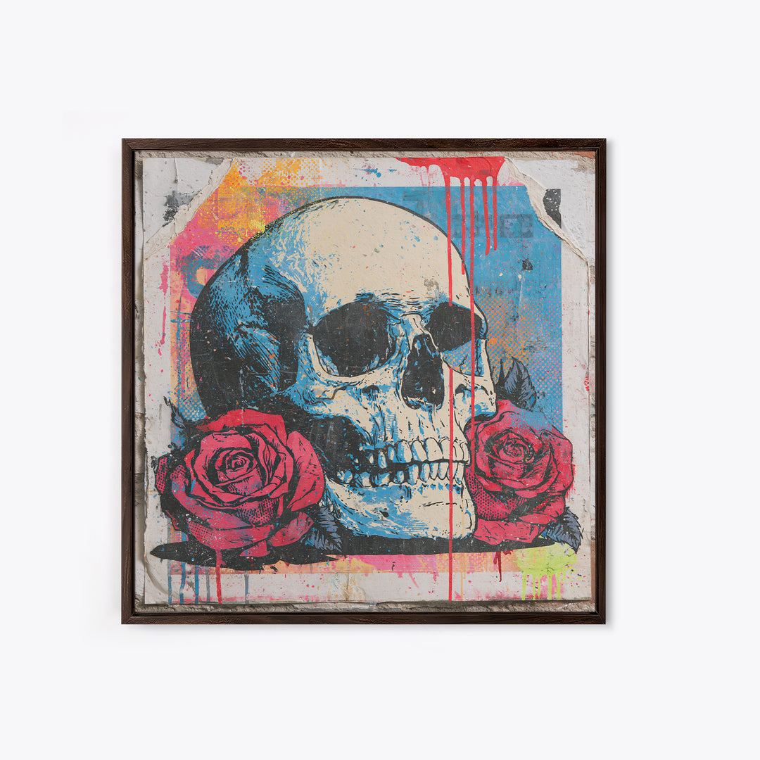 Skull with Roses in Street Mural Style Framed Canvas Print, Street Art, Abstract Painting, Living Room Decor, Fine Art, Urban, STR-1x1-64
