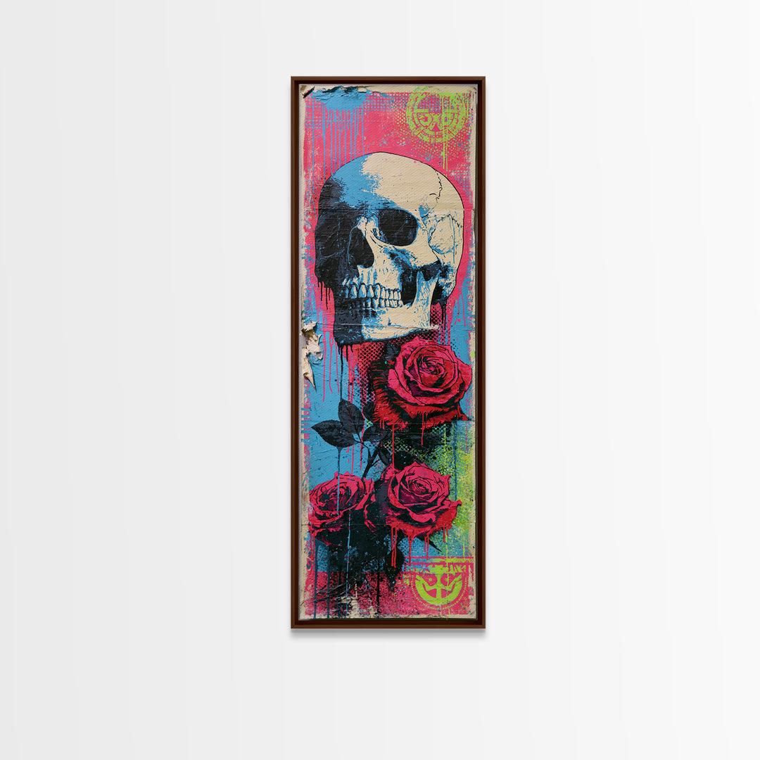 Skull with Roses in Street Mural Style Framed Canvas Print, Street Art, Large Wall Art, Living Room Decor, Fine Art, Urban, STR-1x3-52