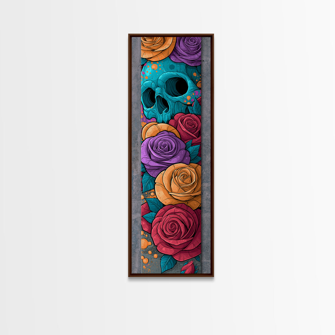 Skull with Roses in Street Mural Style Framed Canvas Print, Street Art, Bar Art, Living Room Decor, Oil Painting, Urban, STR-1x3-76