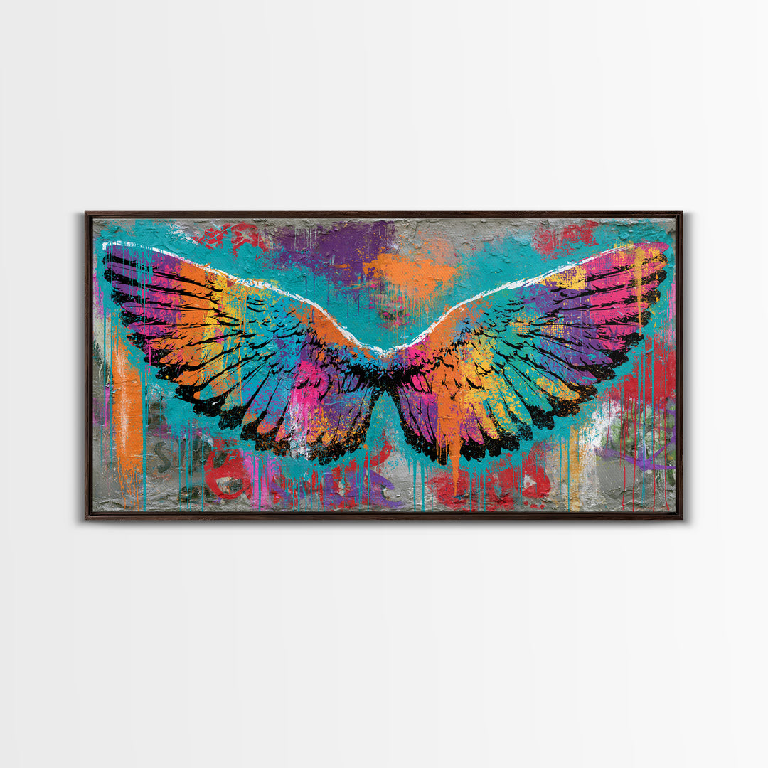 Graffiti Angel Wings Framed Canvas Print, Street Art, Canvas, Living Room Decor, Fine Art, Urban, Colorful Wall Art, Bar Art, STR-2x1-1