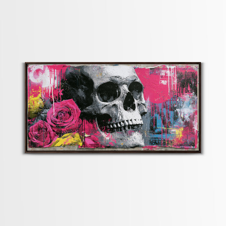 Skull with Roses in Street Mural Style Framed Canvas Print, Street Art, Art Print, Living Room Decor, Fine Art, Urban, STR-2x1-12