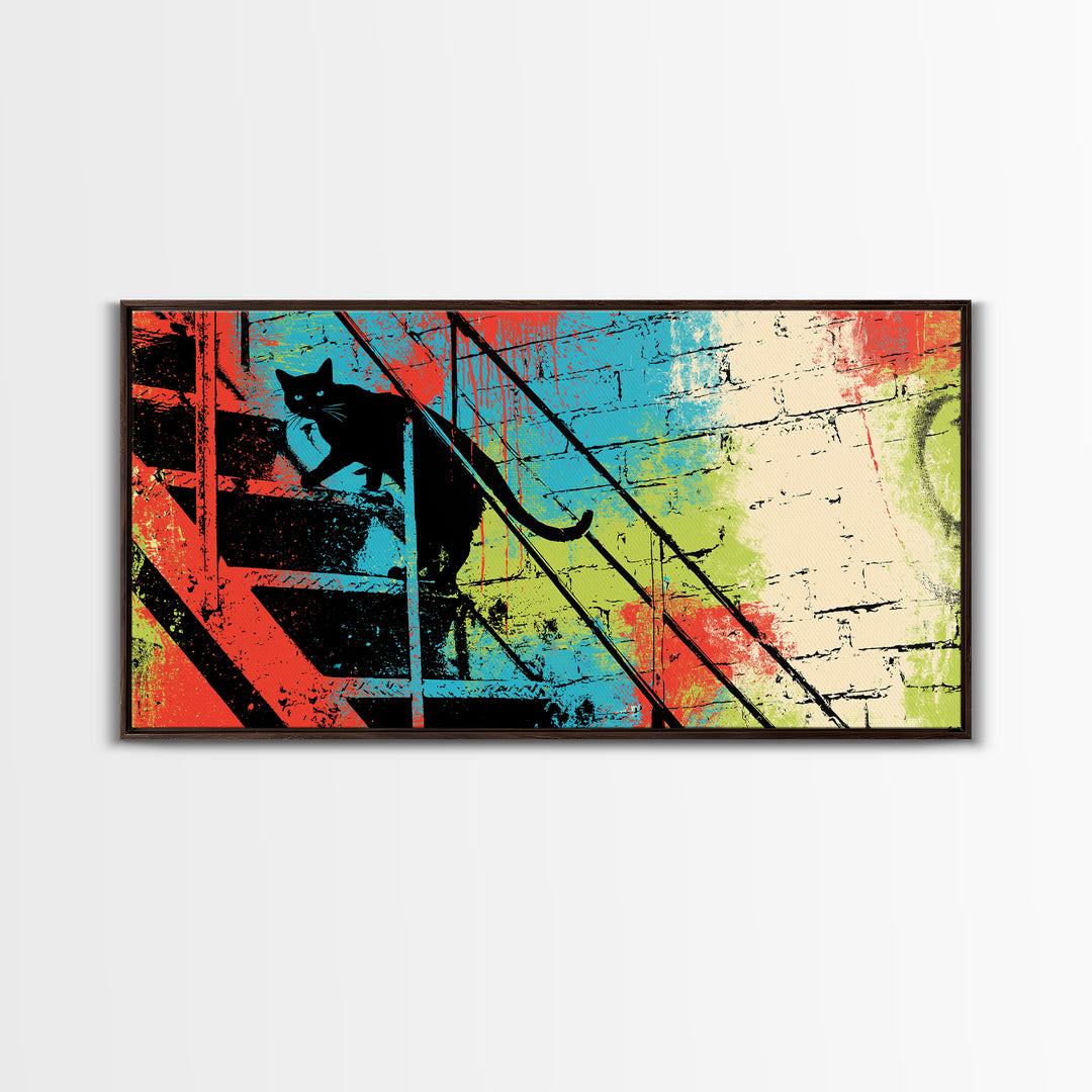 Black Cat on Fire Escape Silhouette Canvas Print, Street Art, Wall Hangings, Living Room Decor, Oil Painting, Urban, Modern Art, STR-2x1-39