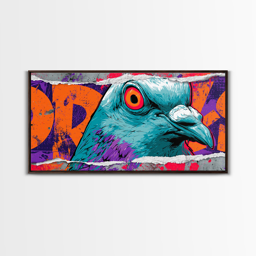 City Pigeon with Attitude and Comic Charm Framed Canvas Print, Street Art, Watercolor Painting, Living Room Decor, STR-2x1-51