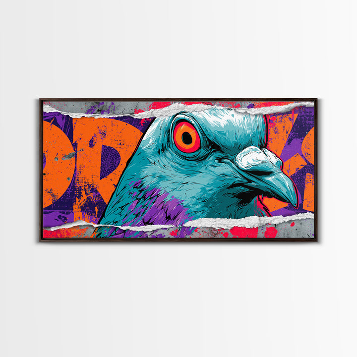 City Pigeon with Attitude and Comic Charm Framed Canvas Print, Street Art, Watercolor Painting, Living Room Decor, STR-2x1-51