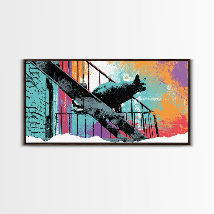 Black Cat on Fire Escape Silhouette Canvas Print, Street Art, Abstract Painting, Living Room Decor, Urban, Gallery Decor, STR-2x1-63