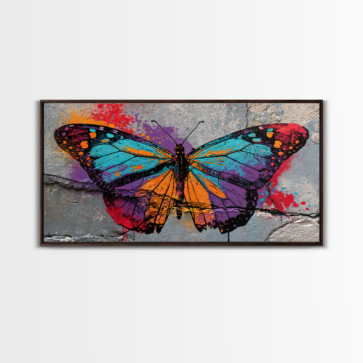 Spray Painted Butterfly on Cracked Concrete Framed Canvas Print, Street Art, Artwork, Living Room Decor, Fine Art, Urban, STR-2x1-91