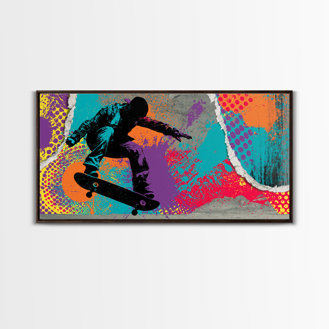 Skateboarder Silhouette over Neon Splashes Framed Canvas Print, Street Art, Neutral Decor, Living Room Decor, Fine Art, Urban, STR-2x1-95
