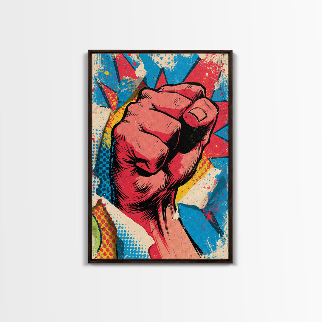 Comic Fist Breaking Through Color Framed Canvas Print, Street Art, Wall Hangings, Living Room Decor, Oil Painting, Urban, STR-2x3-21